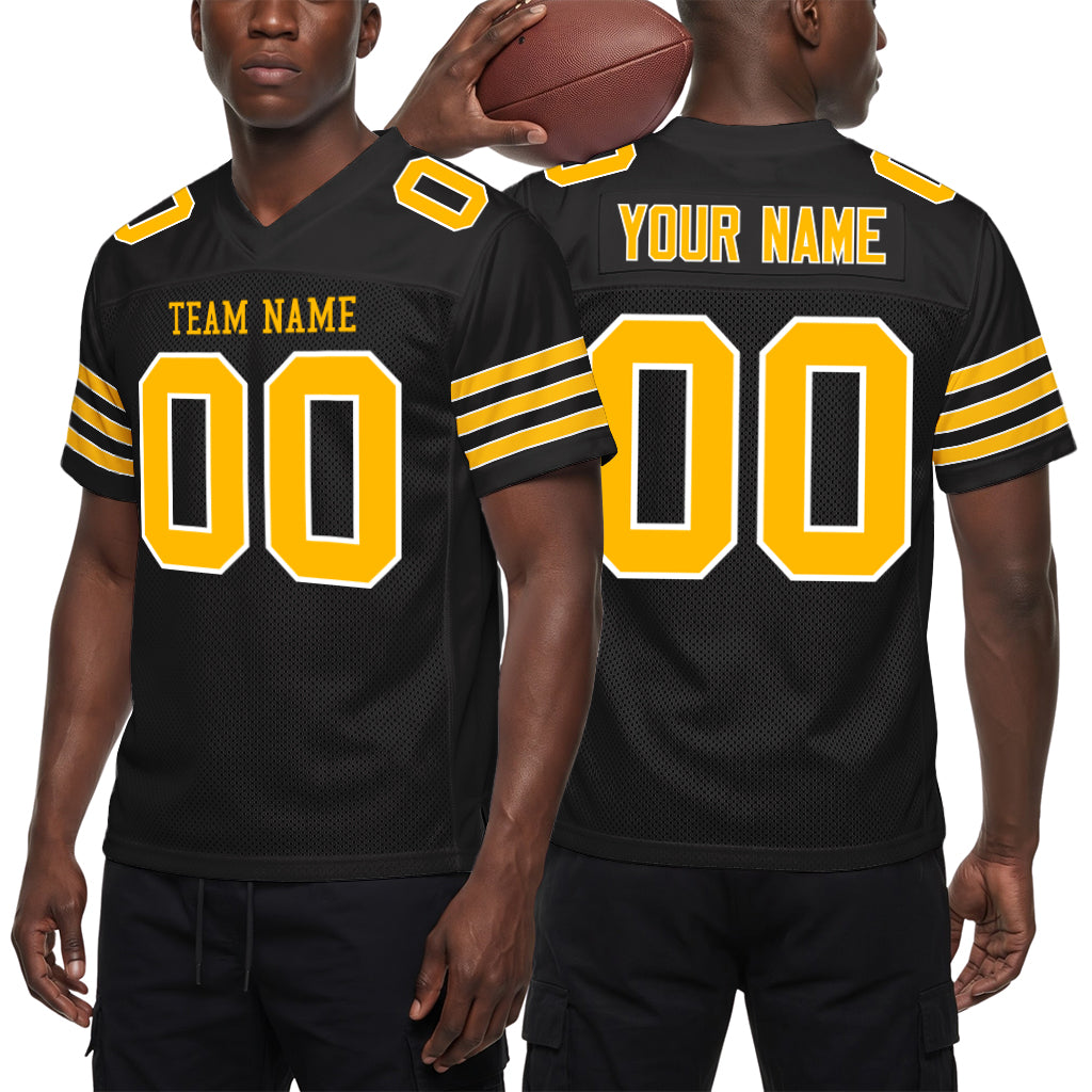Custom Black Gold-White Mesh Football Jersey