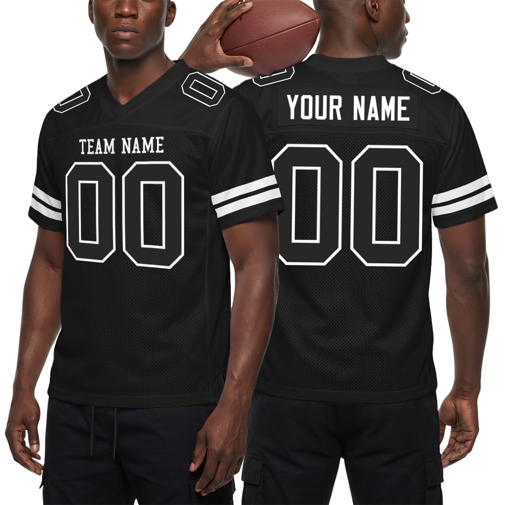 Custom Black Black-White Custom Name Mesh Football Jersey