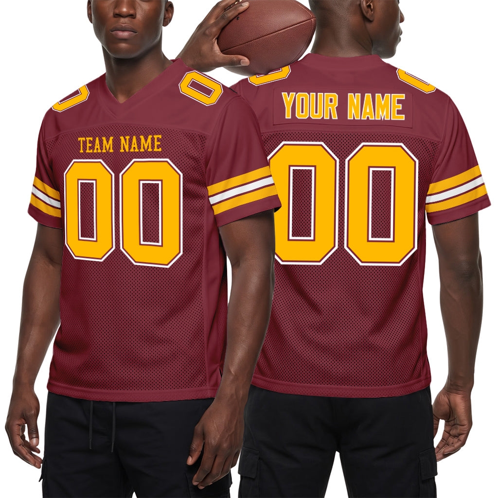 Custom Burgundy Gold-White Mesh Football Jersey