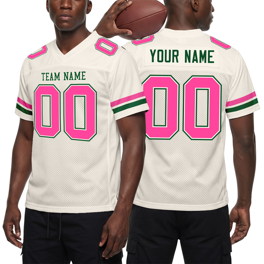 Custom Cream Pink-Kelly Green Mesh Football Jersey
