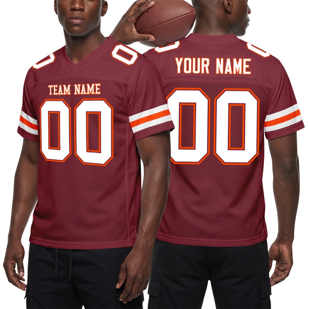 Custom Burgundy White-Orange Mesh Football Jersey
