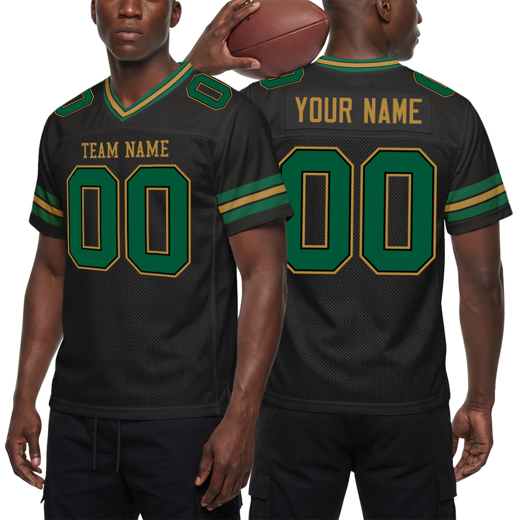 Custom Black Kelly Green-Old Gold Mesh Football Jersey