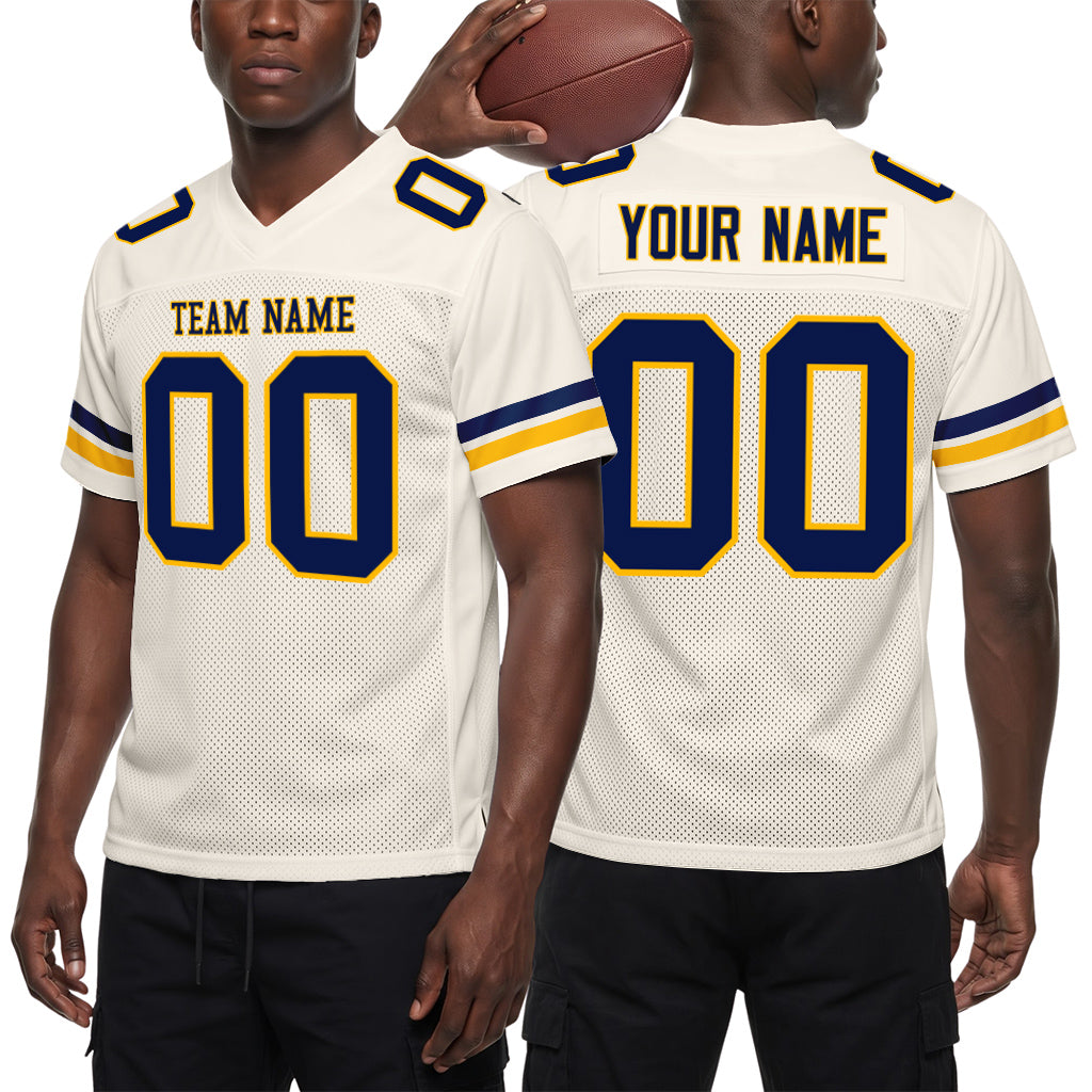 Custom Cream Navy-Gold Mesh Football Jersey