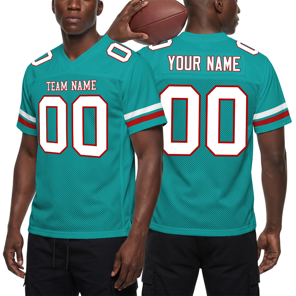 Custom Aqua White-Red Mesh Football Jersey