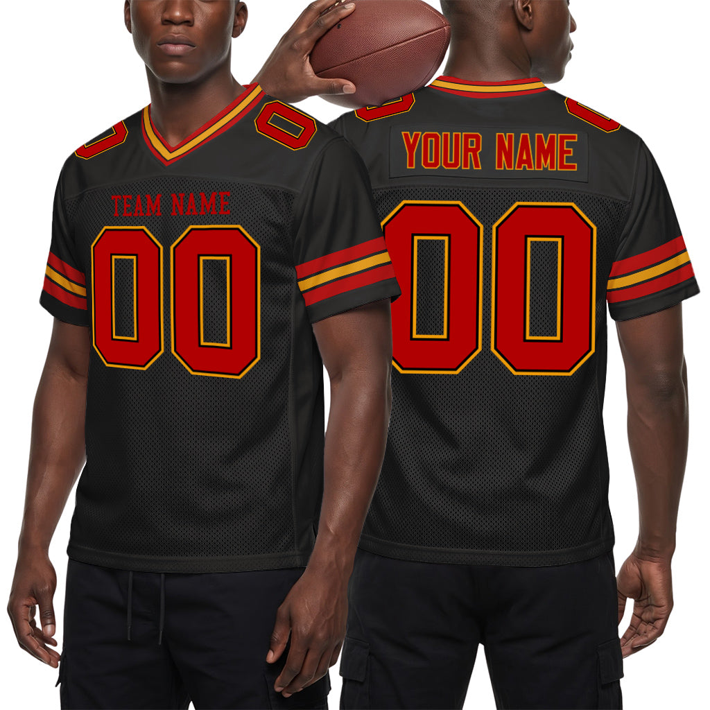 Custom Black Scarlet-Gold Custom Name Mesh Football Jersey