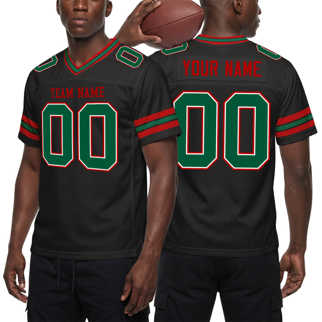 Custom Black Kelly Green-Red Mesh Football Jersey
