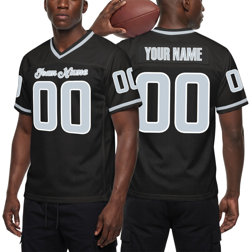 Custom Black Silver-White Throwback Custom Name Mesh Football Jersey