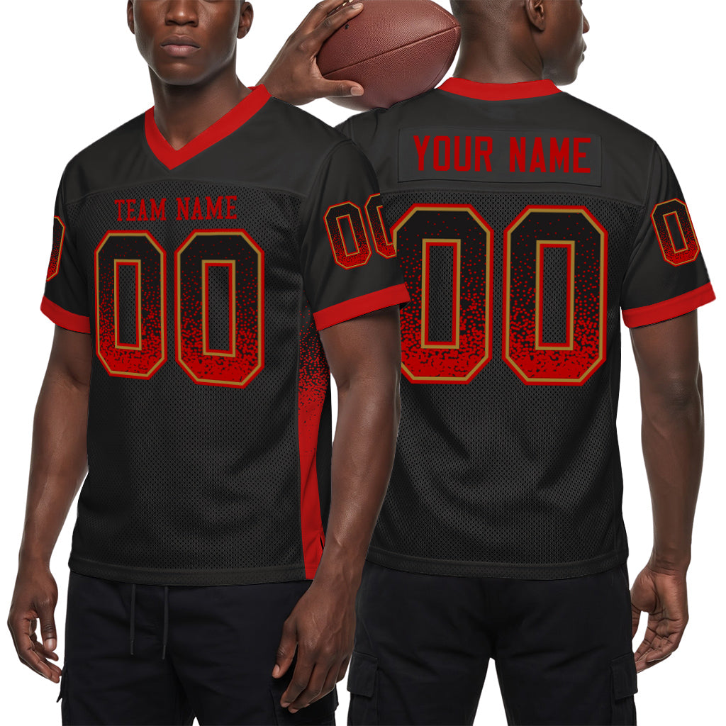 Custom Black Red-Old Gold Drift Fashion Custom Name Mesh Football Jersey