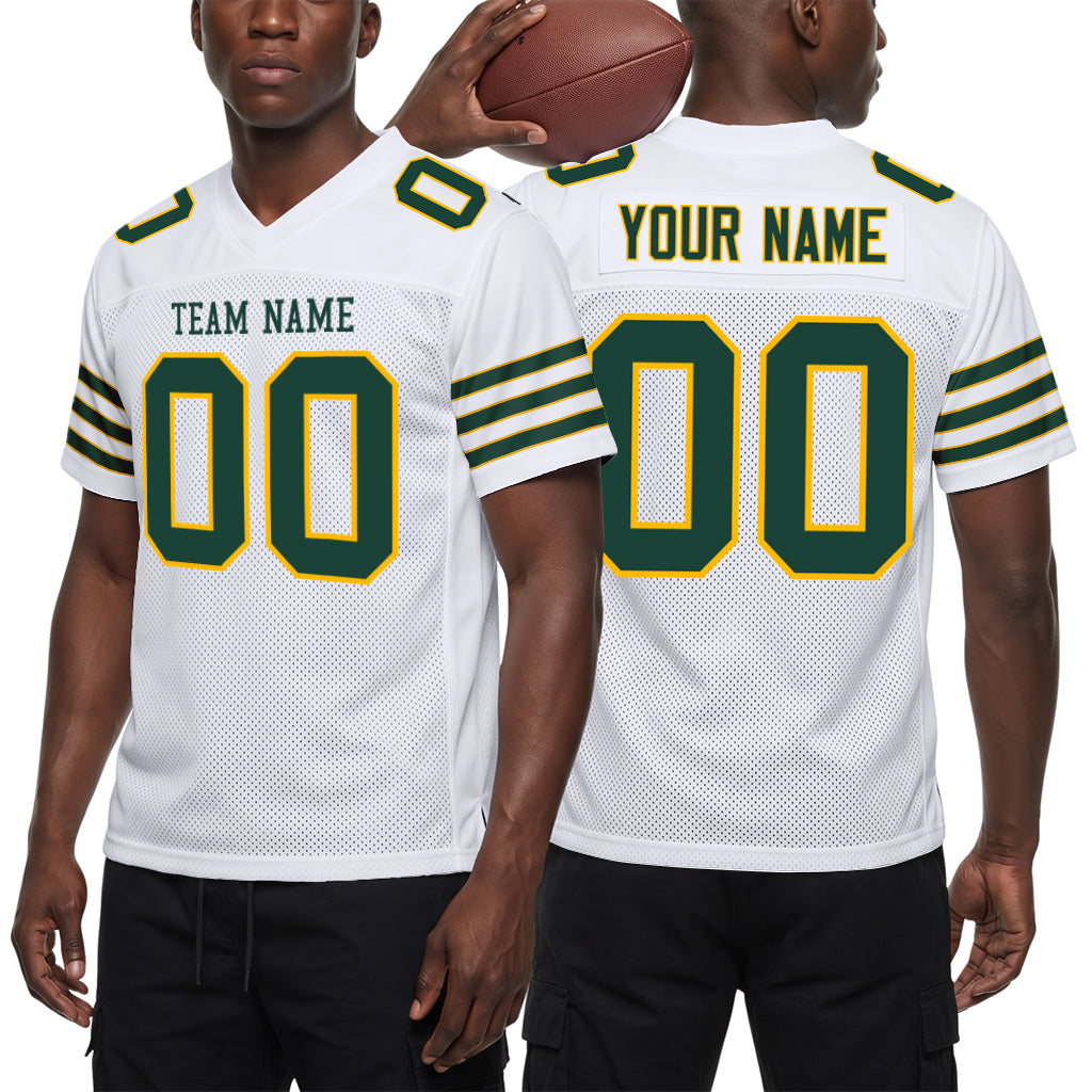 Custom White Green-Gold Custom Name Football Jerseys For Men & Women