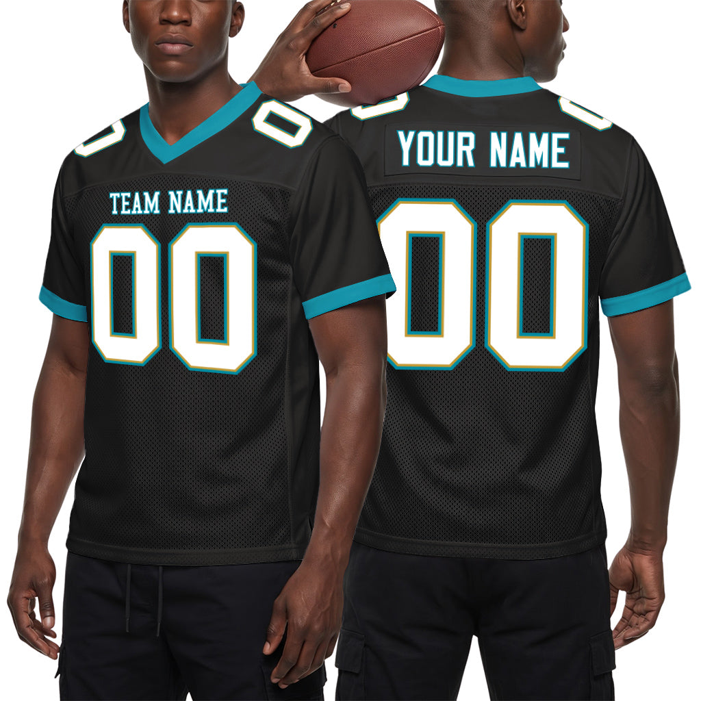 Custom Black White-Teal Mesh Football Jersey