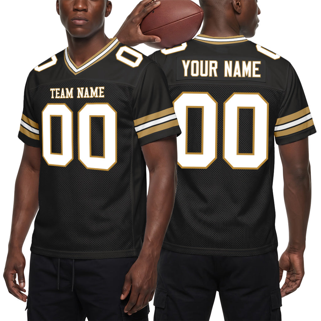 Custom Black White-Old Gold Mesh Football Jersey