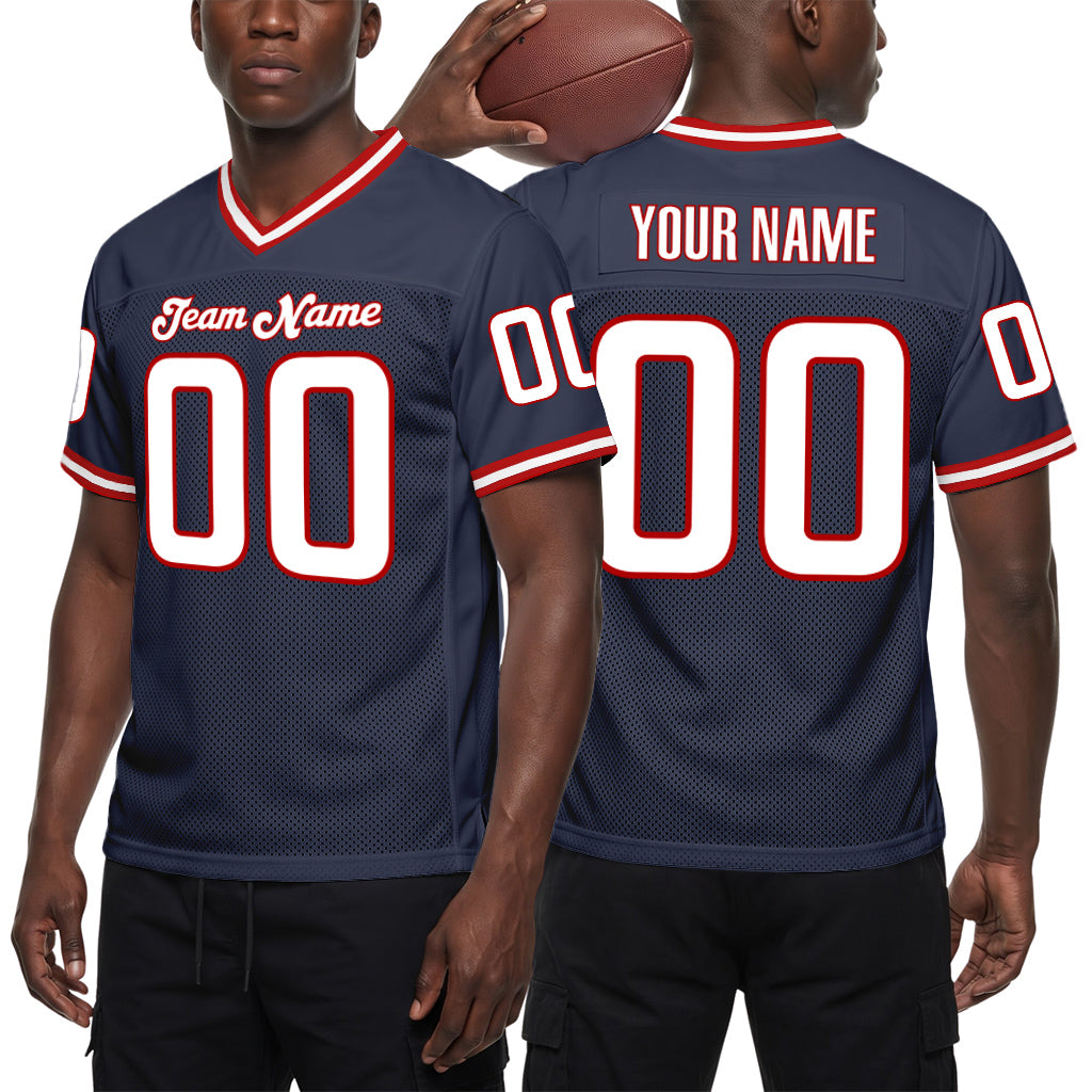 Custom Navy White-Red Mesh Football Jersey