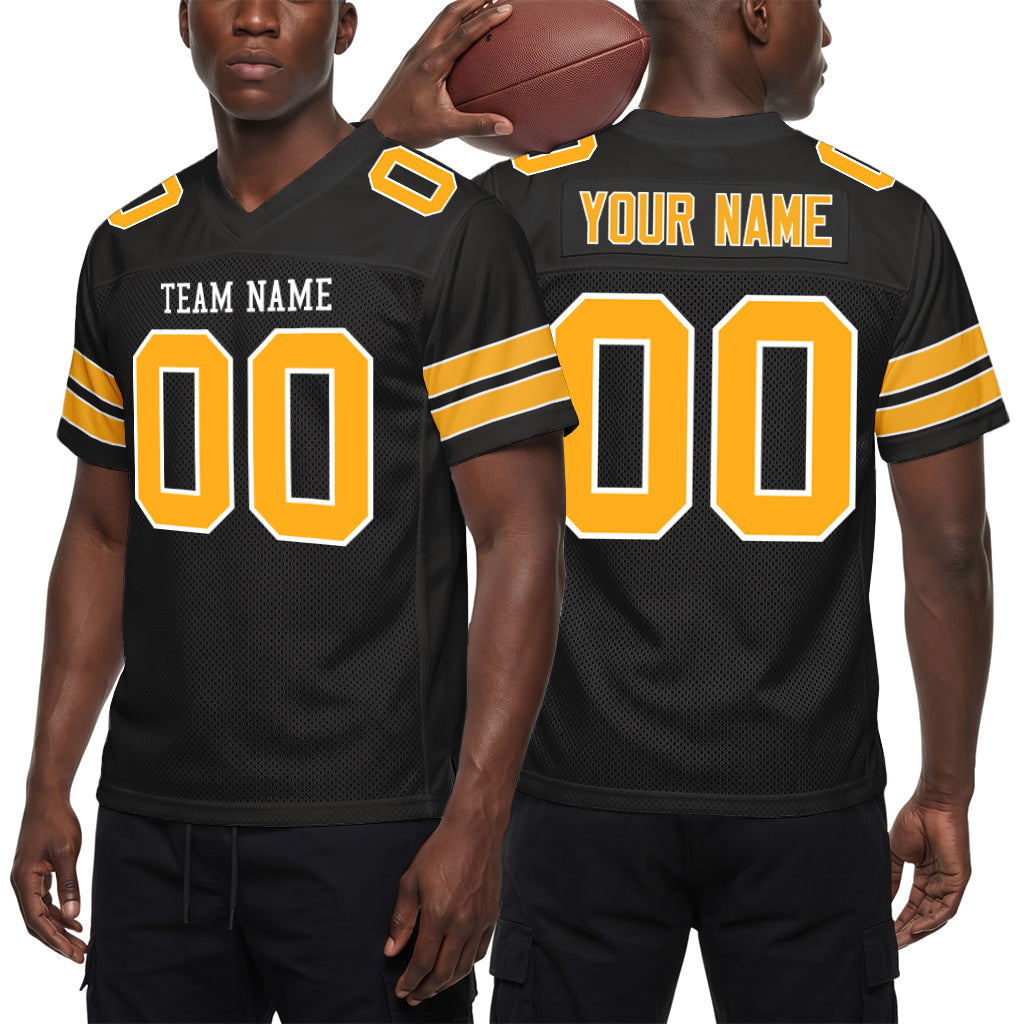 Custom Black White-Gold Mesh Football Jersey