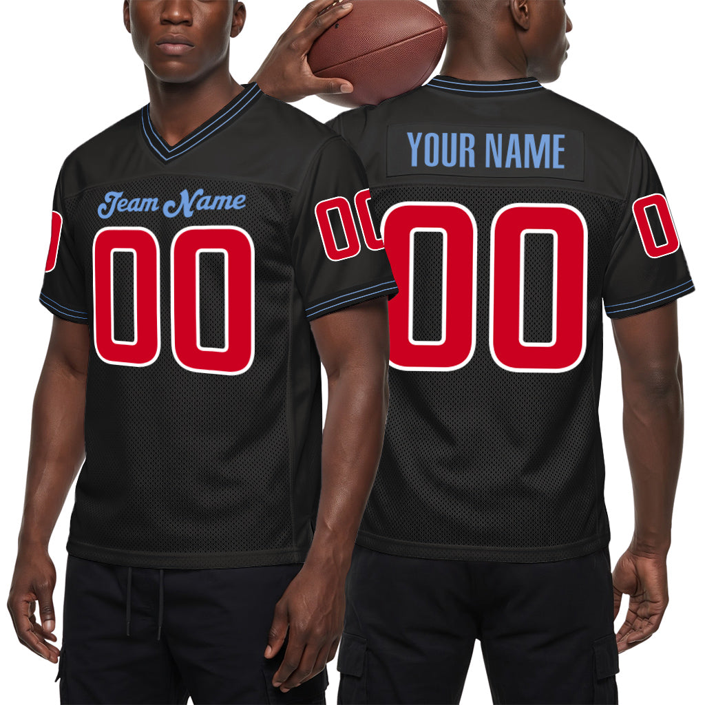 Custom Black Red-Light Blue Mesh Throwback Mesh Football Jersey