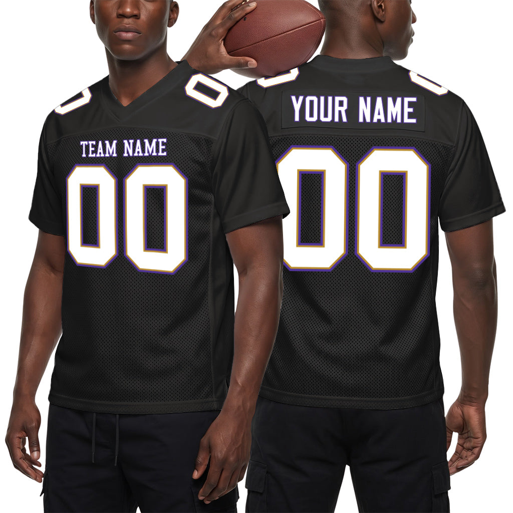 Custom Black White Old Gold-Purple Mesh Football Jersey