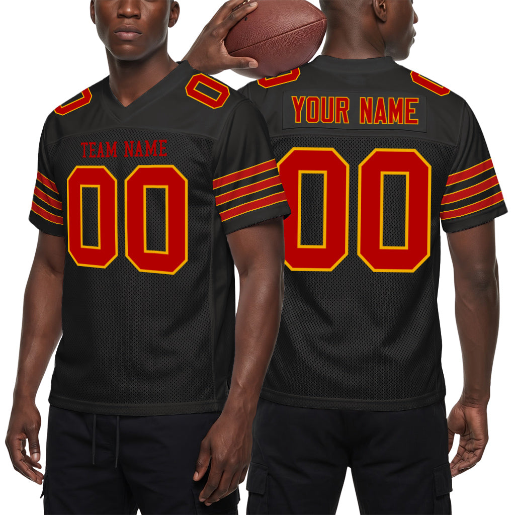 Custom Black Scarlet-Gold Custom Name Mesh Football Jersey