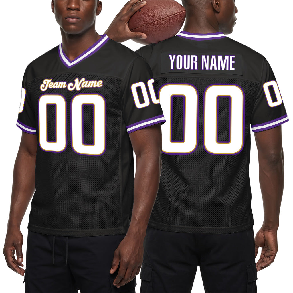 Custom Black White-Purple Mesh Throwback Mesh Football Jersey
