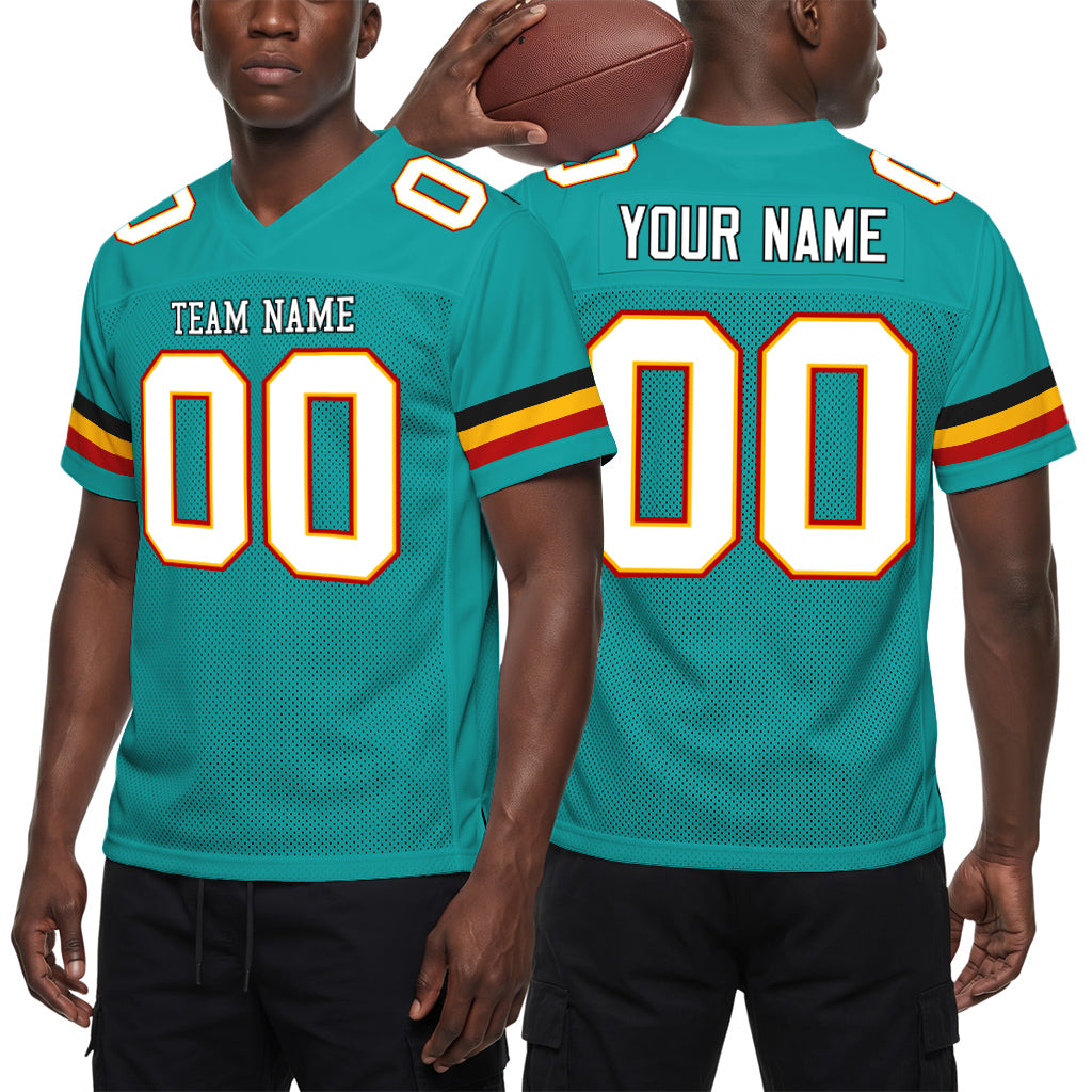 Custom Aqua White-Gold Mesh Football Jersey