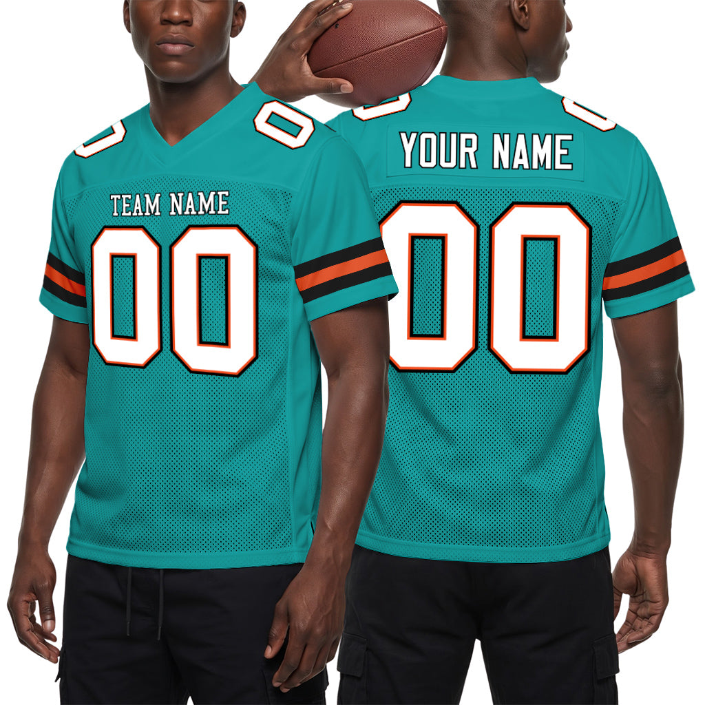 Custom Aqua White-Orange Mesh Football Jersey