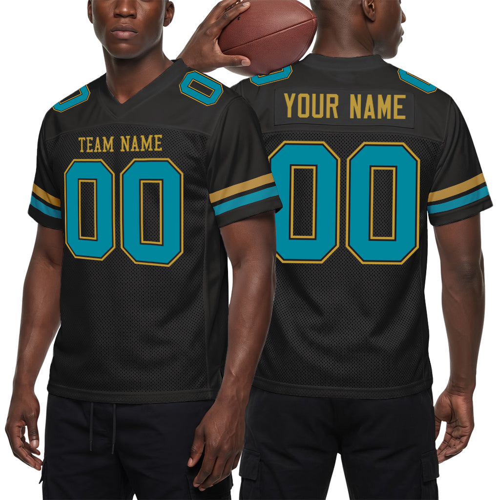 Custom Black Teal-Old Gold Mesh Football Jersey