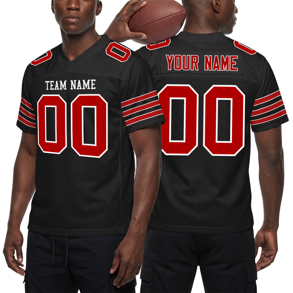 Custom Black Red-White Mesh Football Jersey