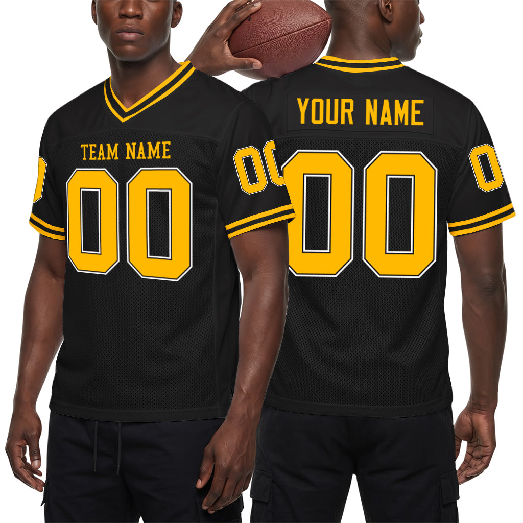 Custom Black Gold-White Mesh Football Jersey