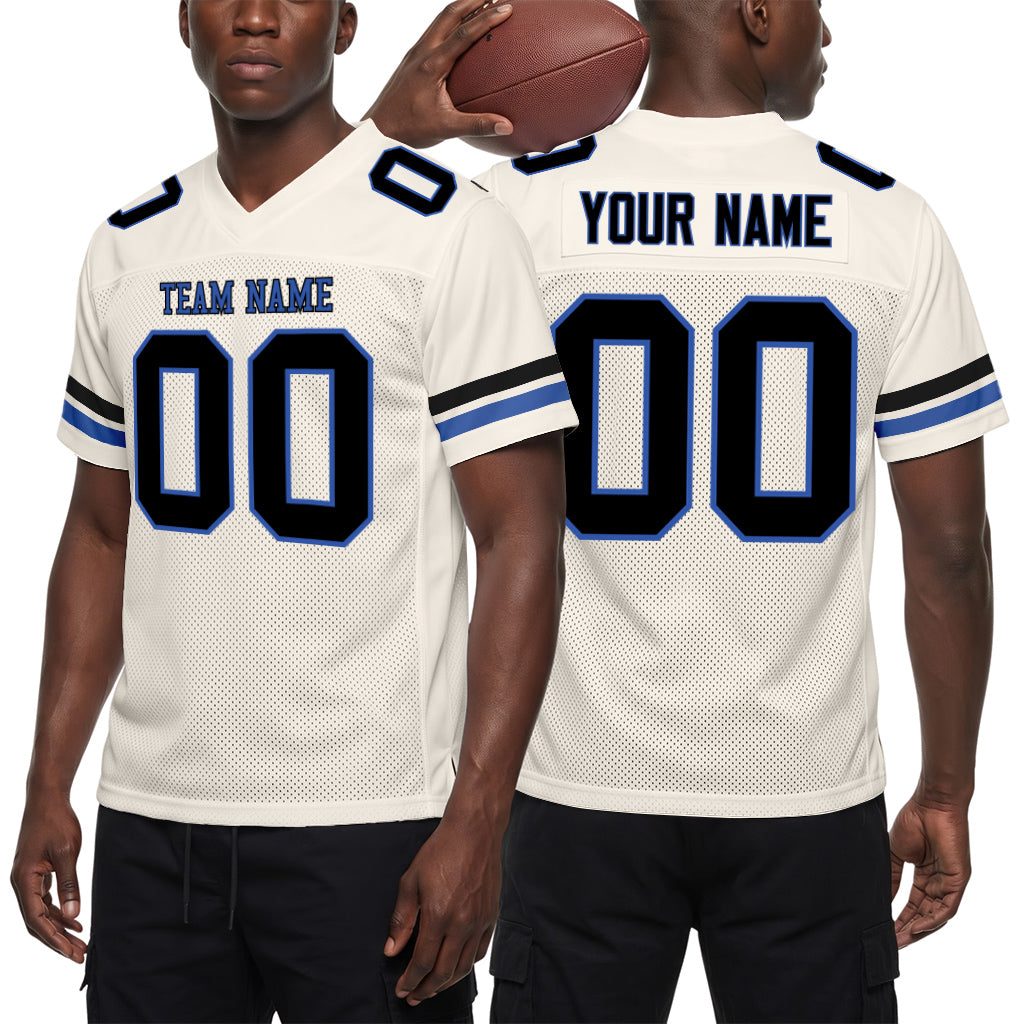 Custom Cream Blue-Black Mesh Football Jersey