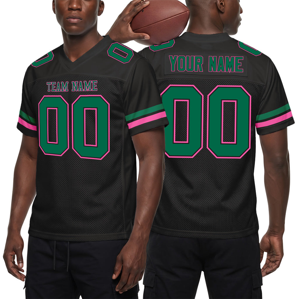 Custom Black Kelly Green-Pink Mesh Football Jersey