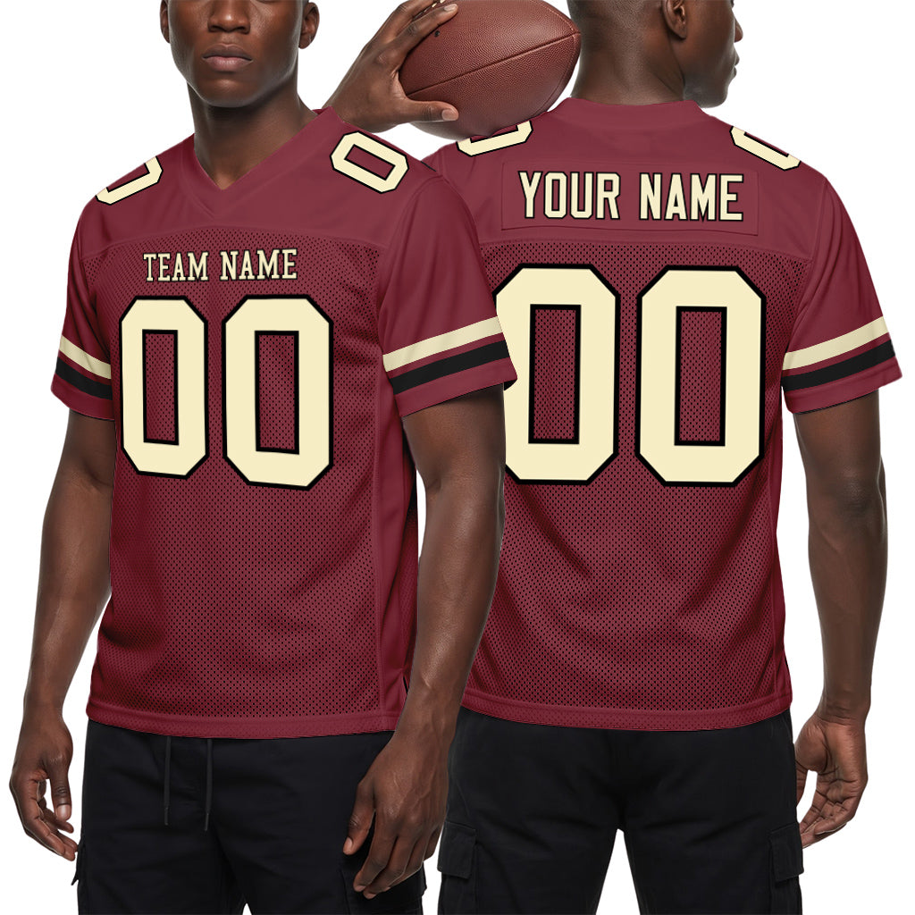 Custom Burgundy Cream-Black Mesh Football Jersey