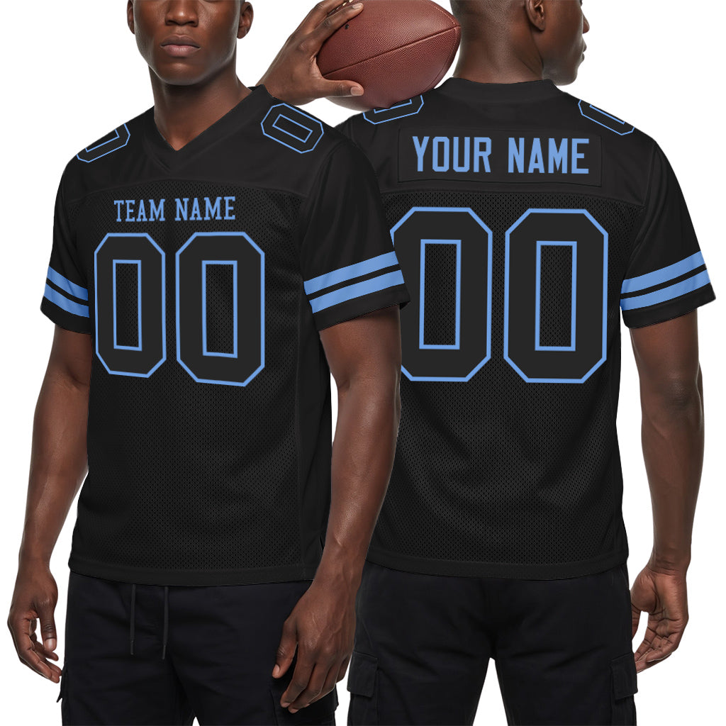 Custom Black Black-Light Blue Mesh Football Jersey