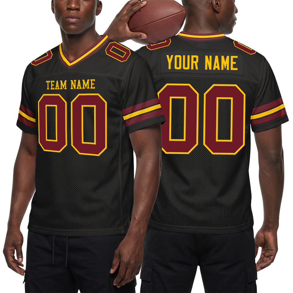 Custom Black Burgundy-Gold Mesh Football Jersey