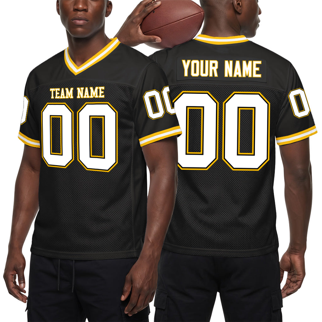 Custom Black White-Gold Mesh Throwback Mesh Football Jersey