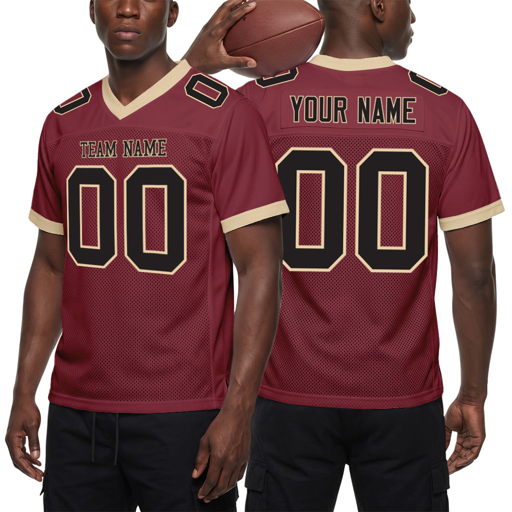 Custom Burgundy Black-Cream Mesh Football Jersey