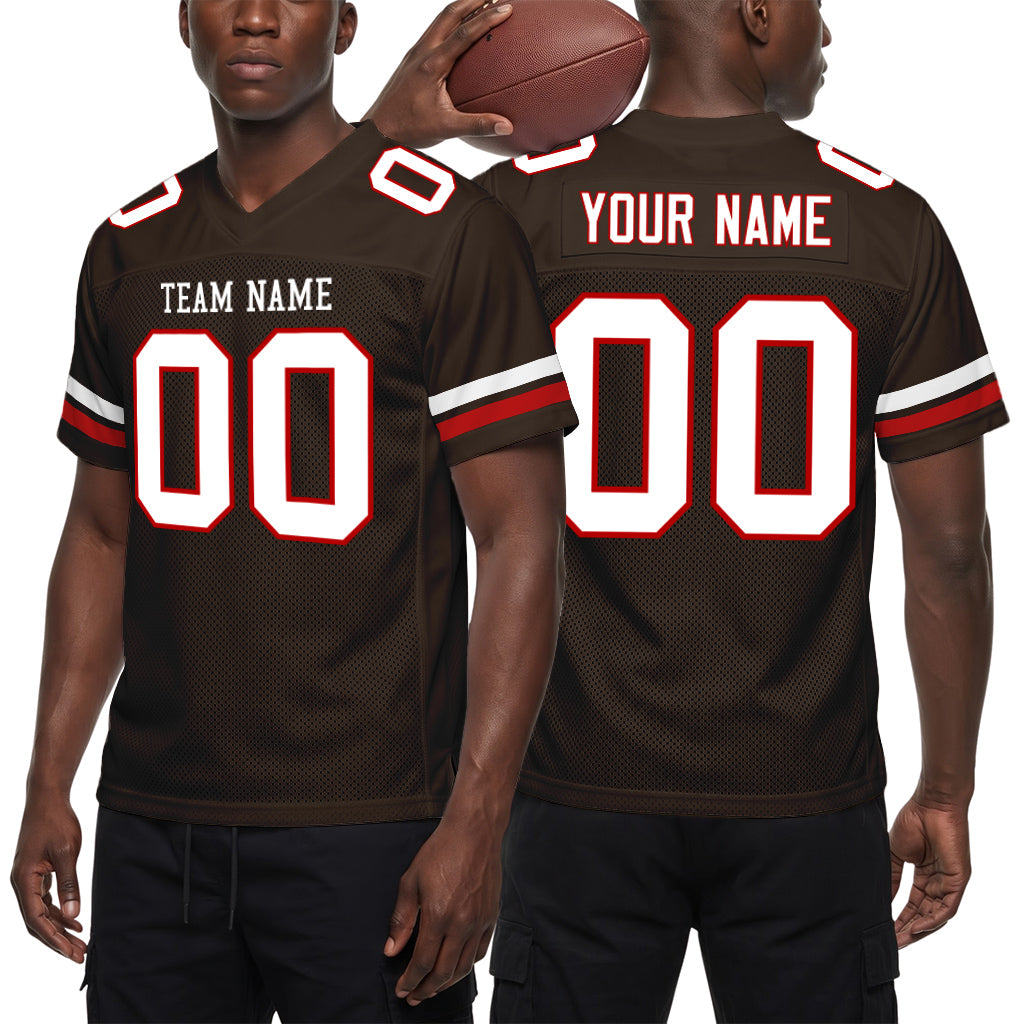Custom Brown White-Red Mesh Football Jersey