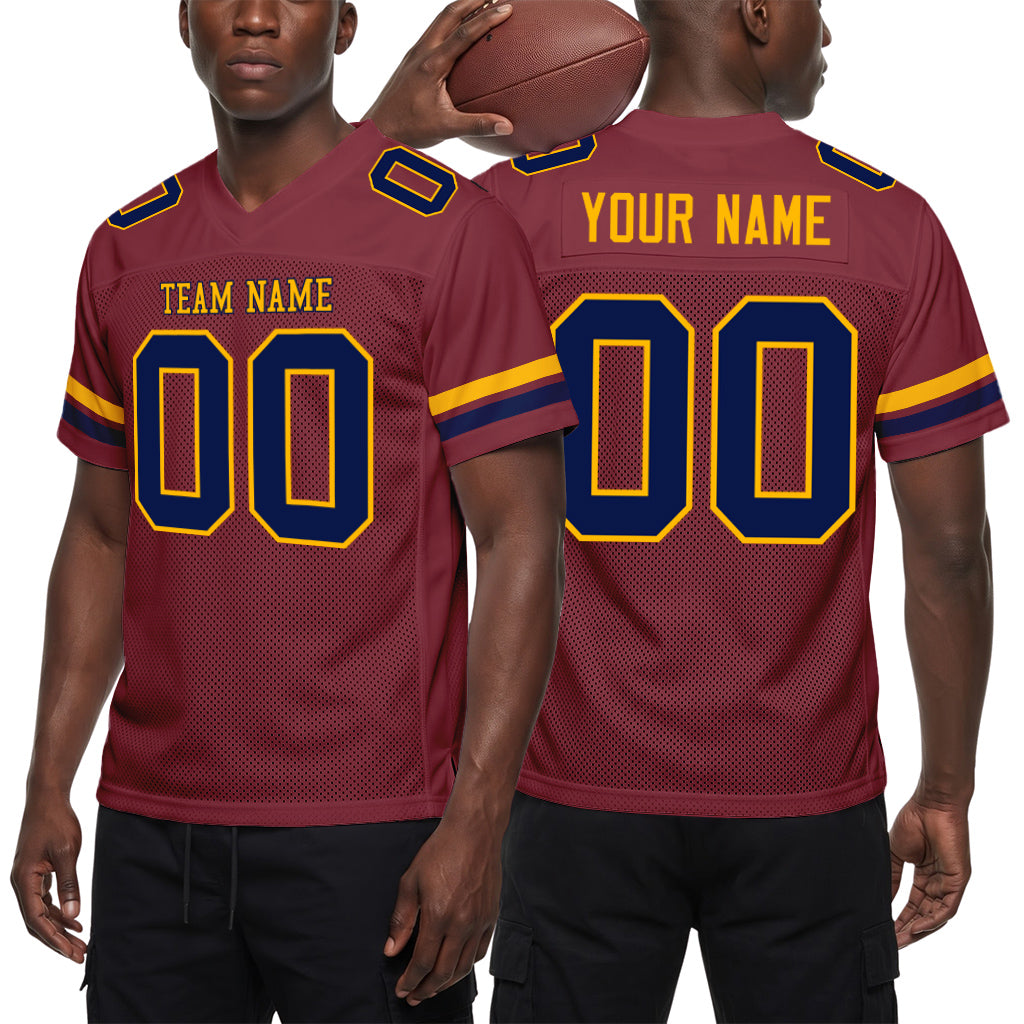 Custom Burgundy Navy-Gold Mesh Football Jersey