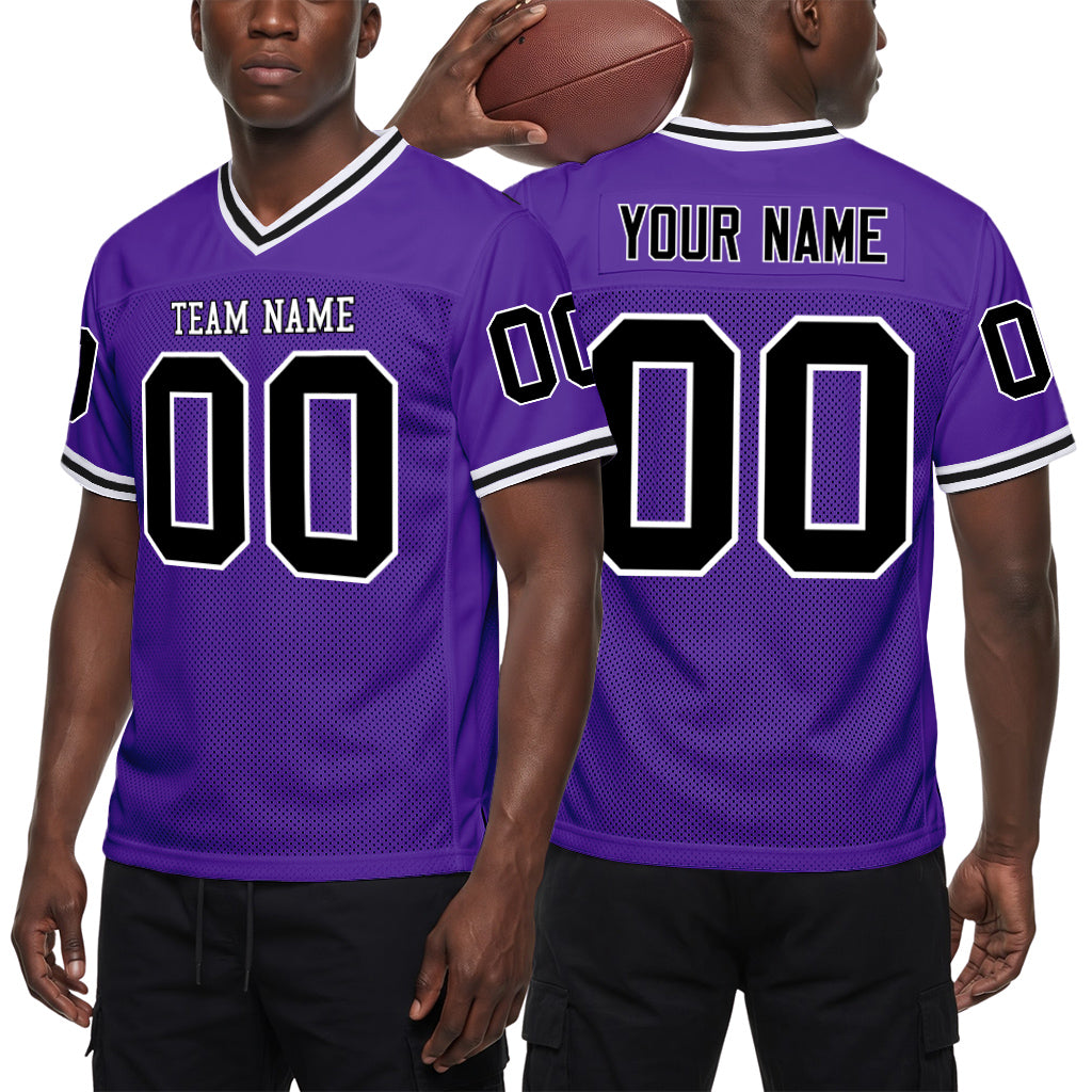 Custom Purple Black-White Mesh Football Jersey