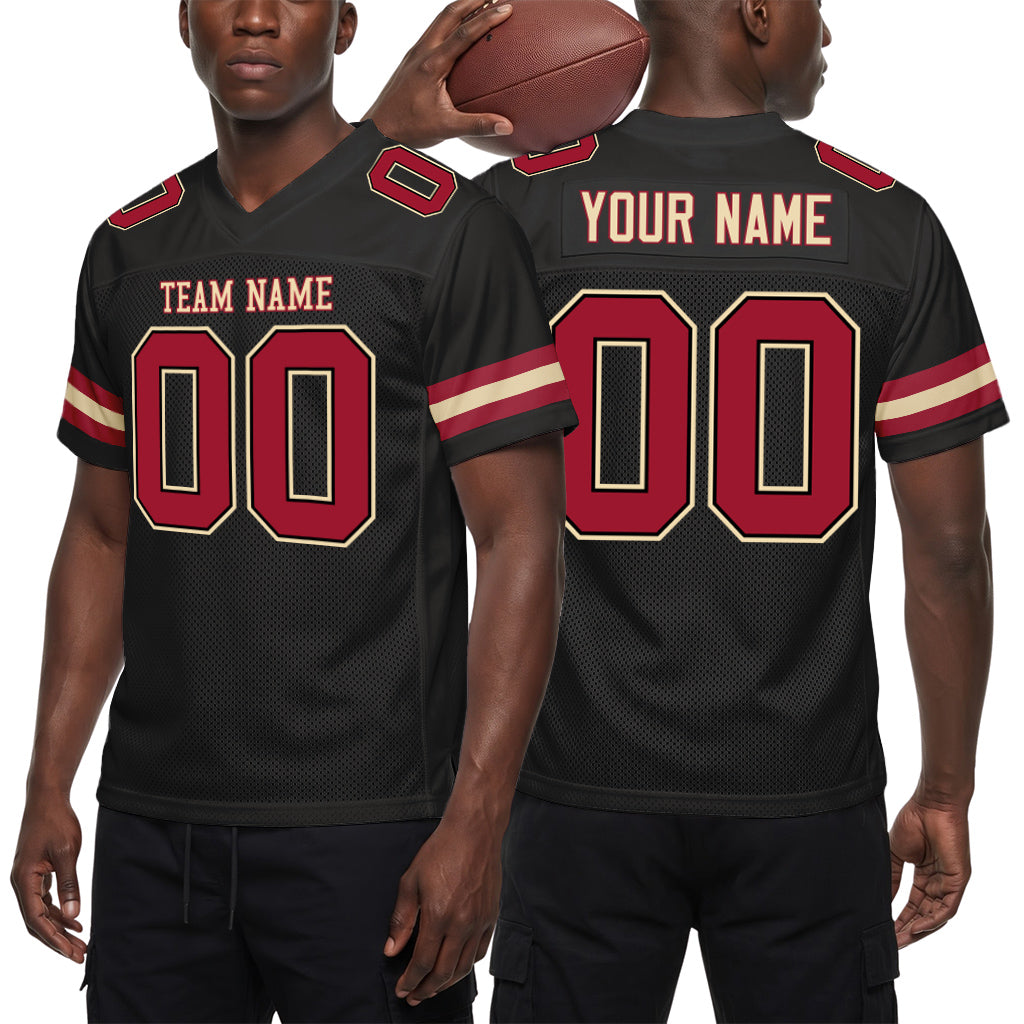 Custom Black Cardinal-Cream Mesh Football Jersey