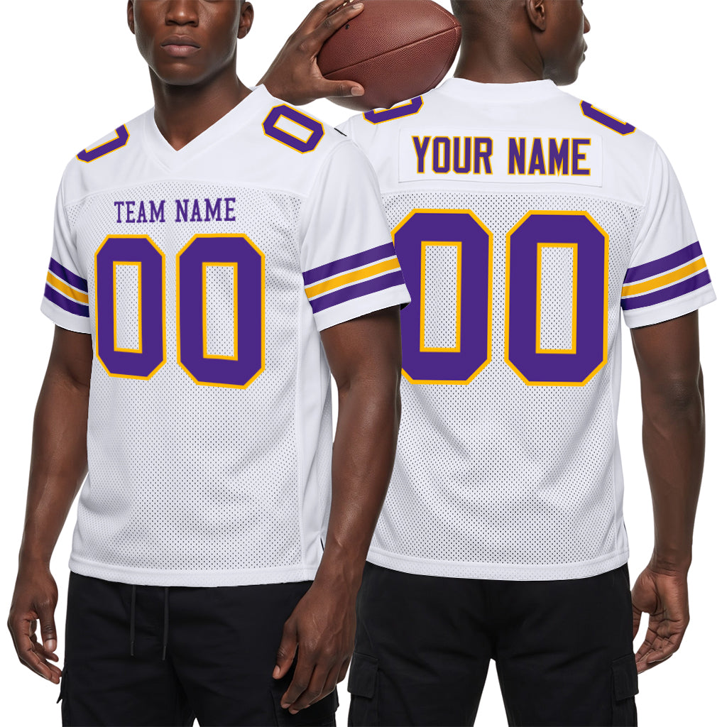 Custom White Purple-Gold Mesh Football Jersey