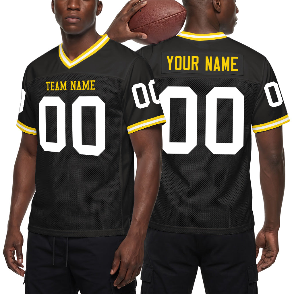 Custom Black White-Gold Mesh Throwback Mesh Football Jersey