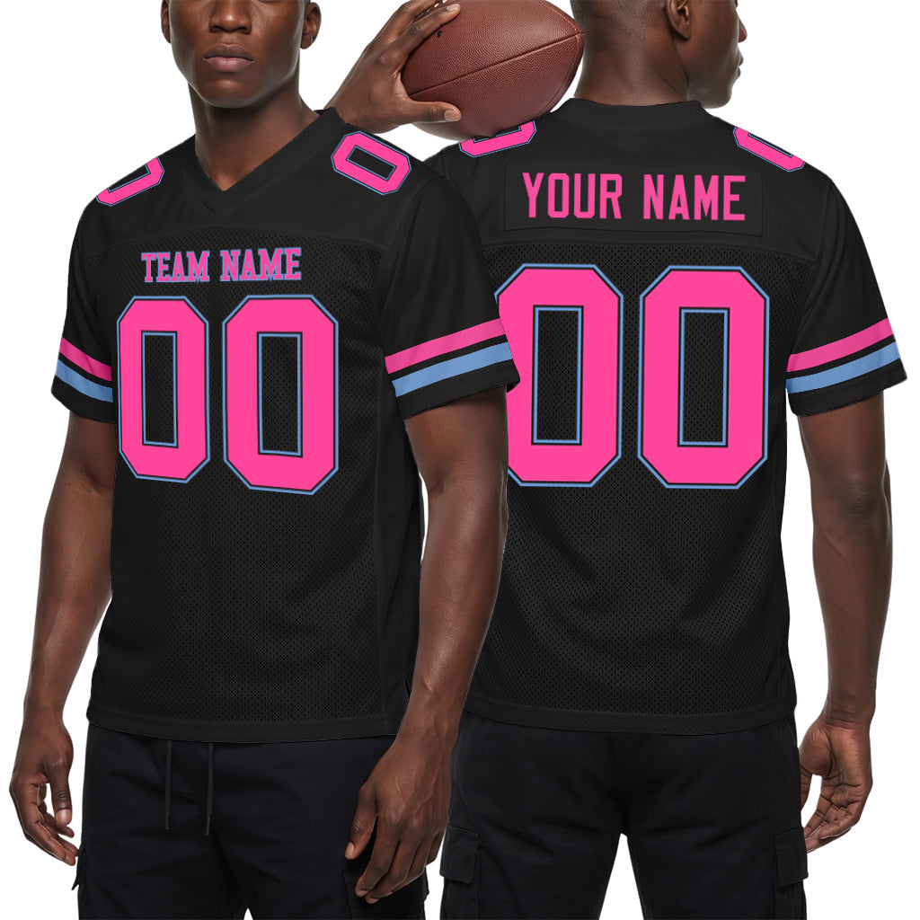 Custom Black Pink-Light Blue Mesh Football Jersey