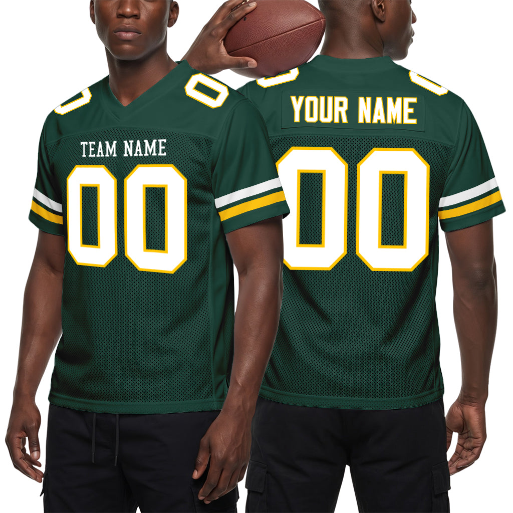 Custom Green White-Gold Mesh Football Jersey