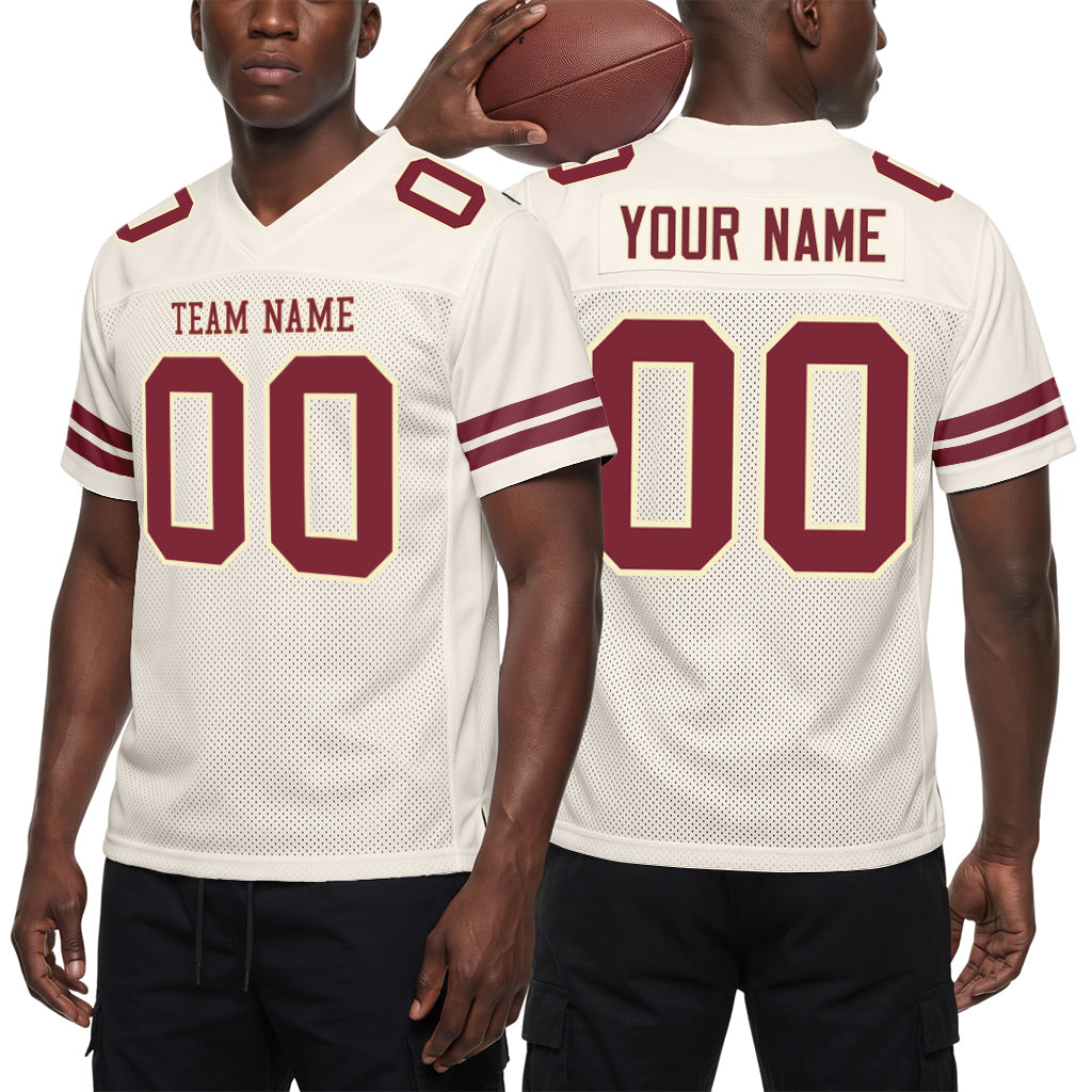 Custom Cream Burgundy Mesh Football Jersey