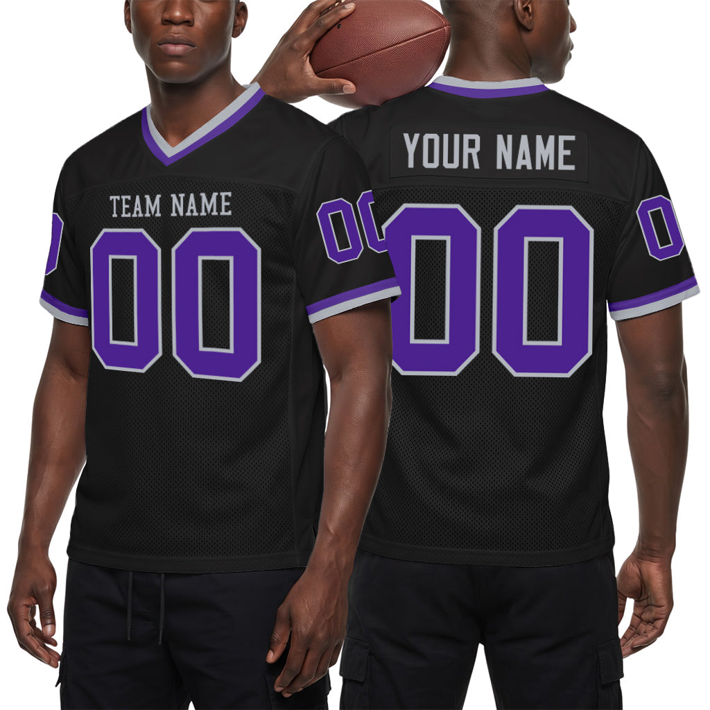 Custom Black Purple-Gray Mesh Football Jersey