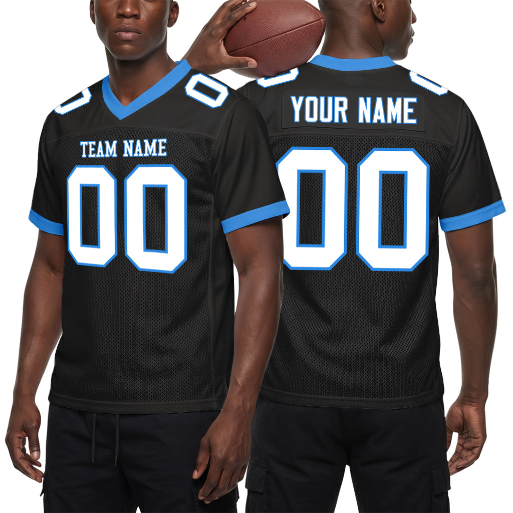 Custom Black White-Electric Blue Mesh Football Jersey