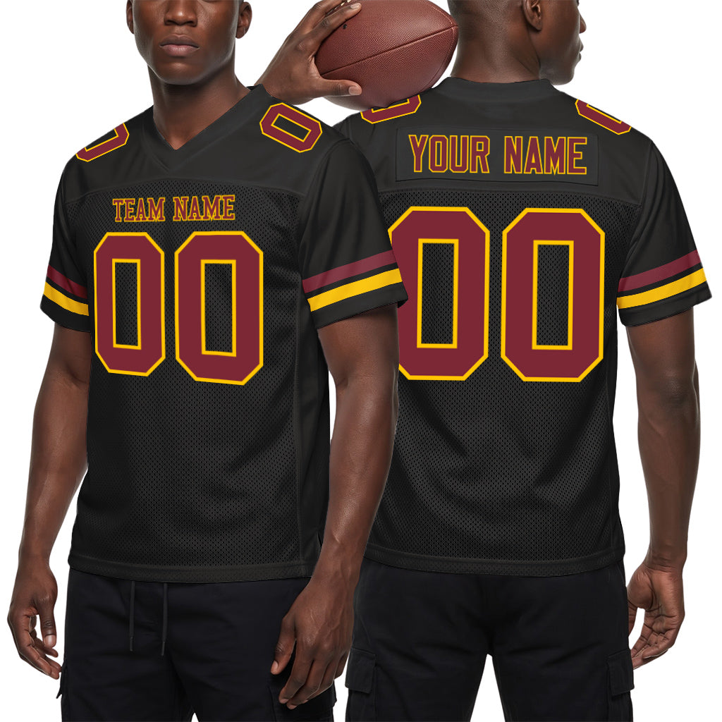 Custom Black Burgundy-Gold Mesh Football Jersey