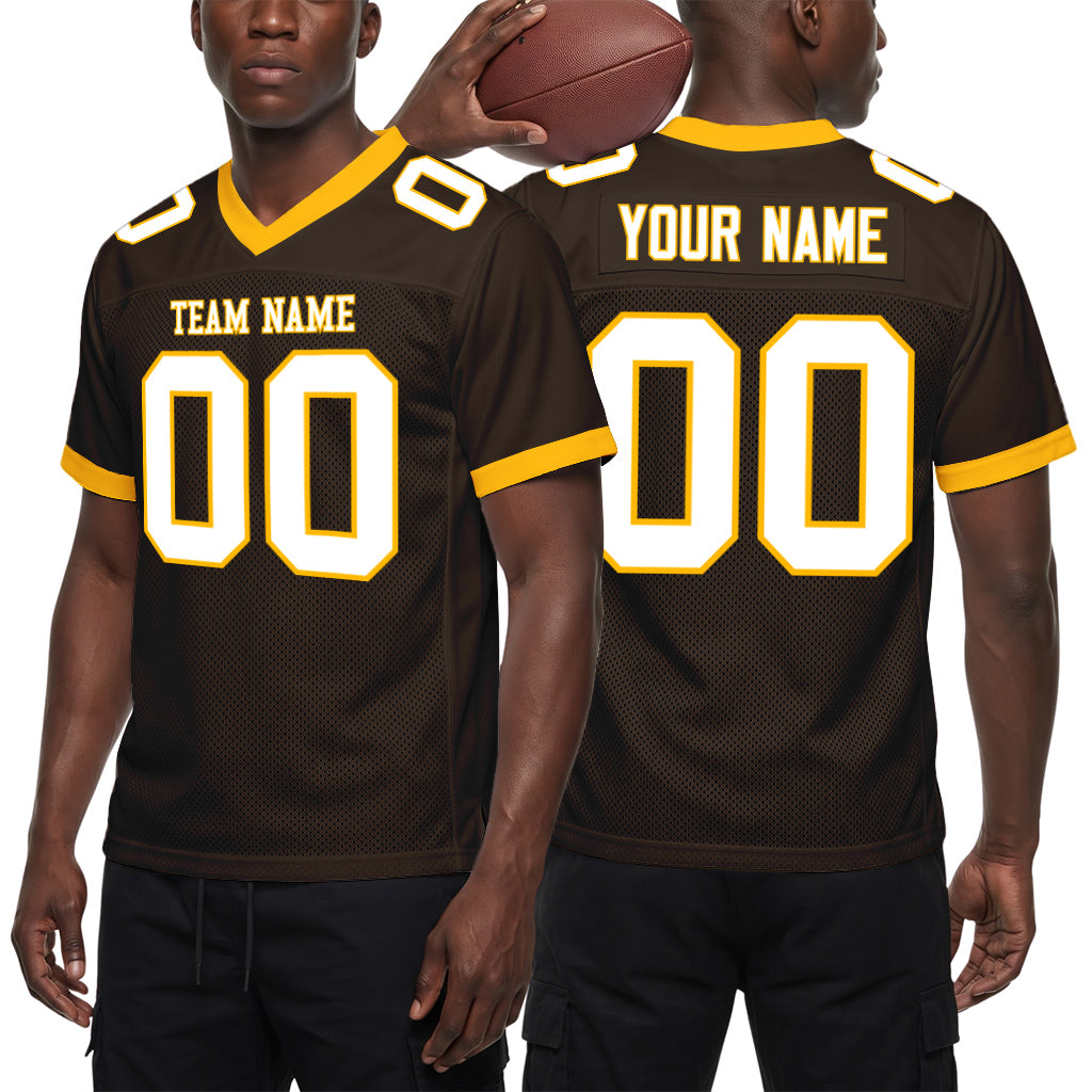 Custom Brown White-Gold Mesh Football Jersey