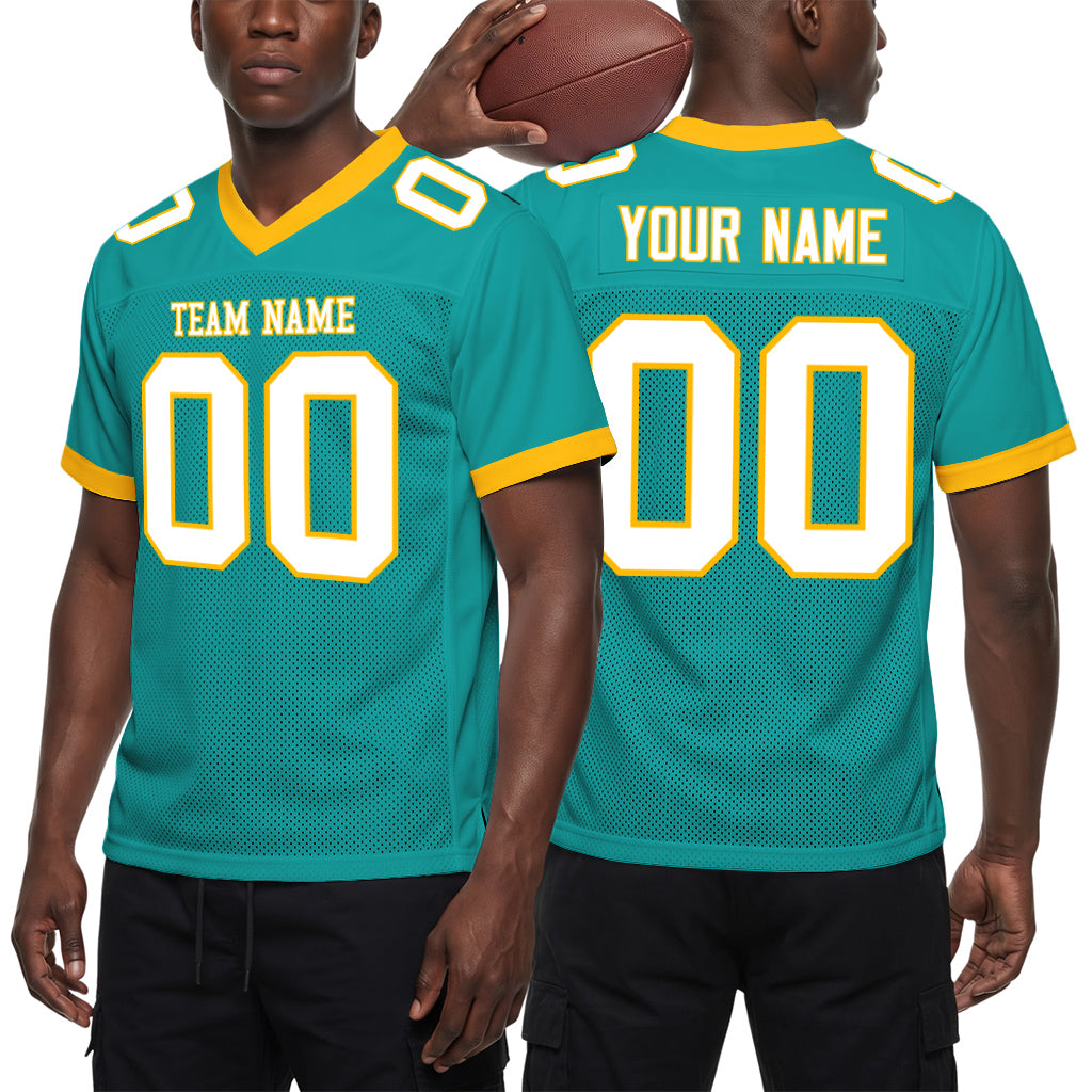 Custom Aqua White-Gold Mesh Football Jersey