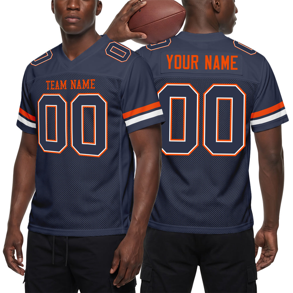 Custom Navy White-Orange Mesh Football Jersey