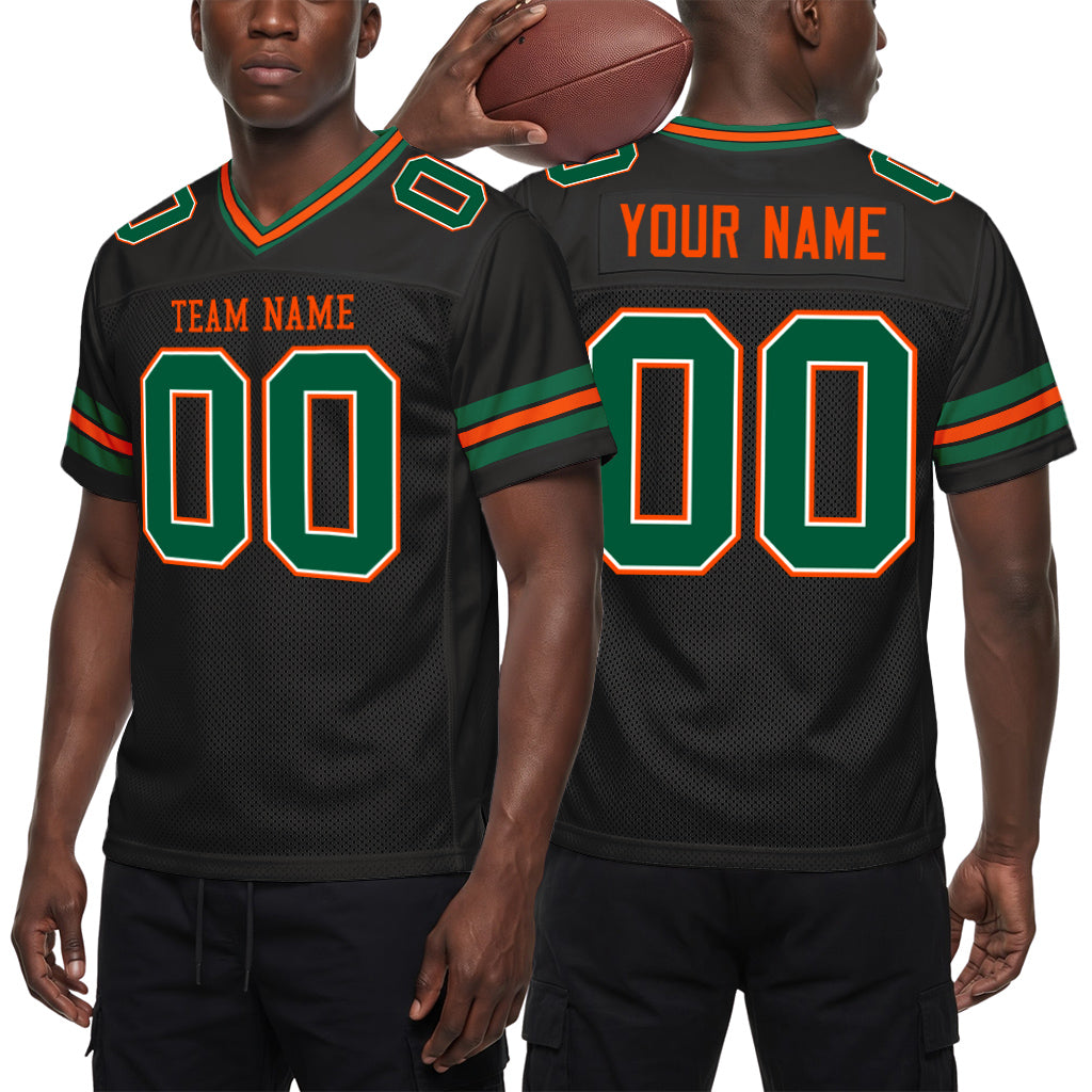 Custom Black Kelly Green-Orange Mesh Football Jersey
