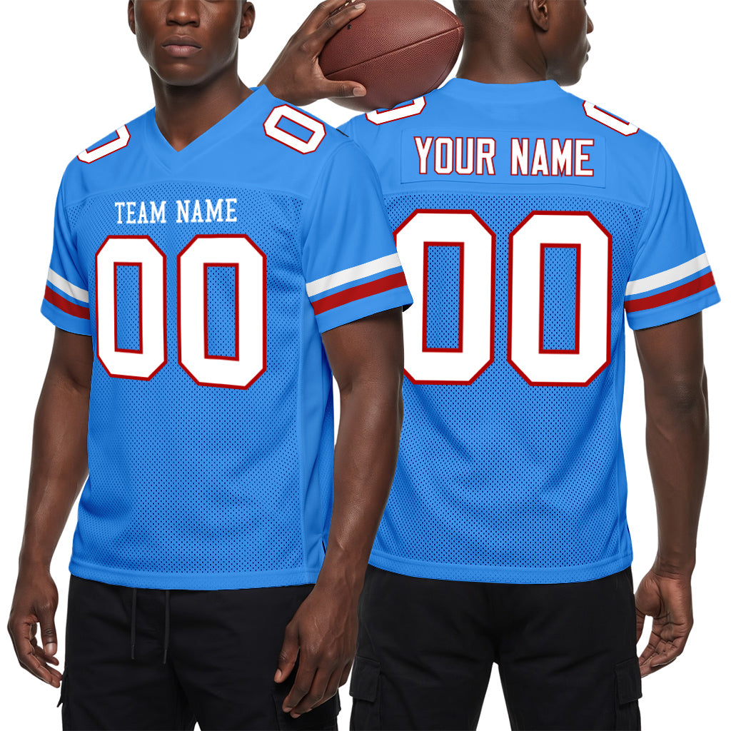 Custom Powder Blue White-Red Mesh Football Jersey
